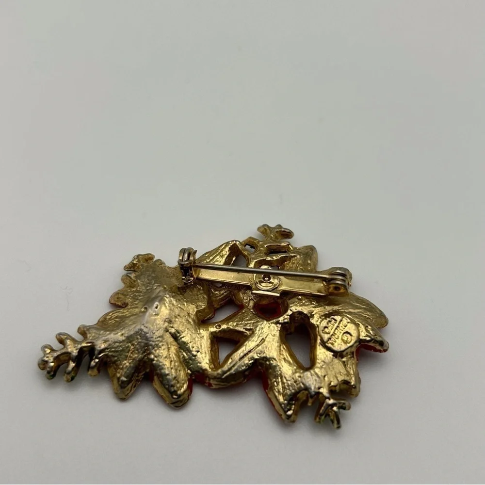 Vintage Red Enamel Poinsettia Brooch Christmas Holidays Floral Signed